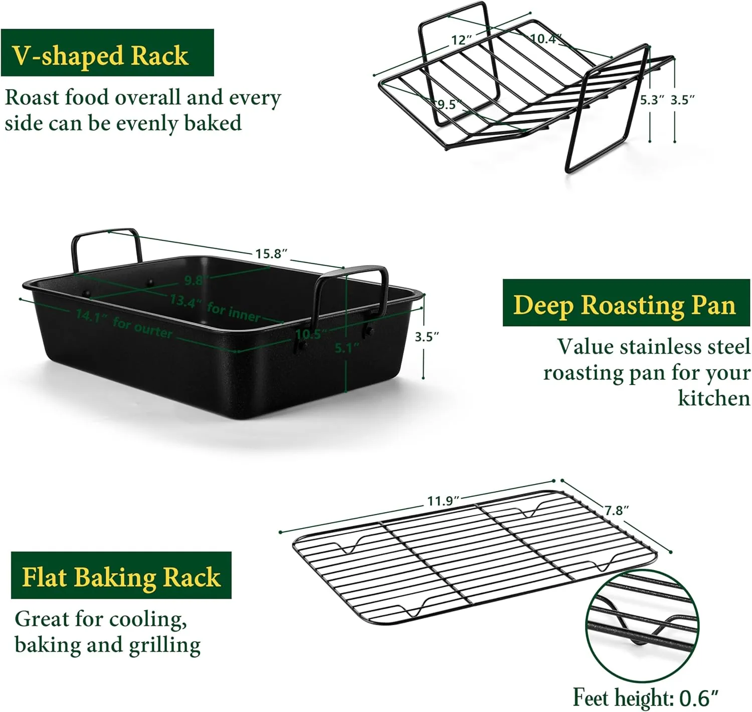 E-far Roasting Pan with Racks, Small Stainless Steel Turkey Roaster with V-Shaped & Cooling Rack for Oven, 14 Inch Nonstick Deep Broiler Pan with Handles for Baking Chicken Lasagna Meat, Heavy Duty