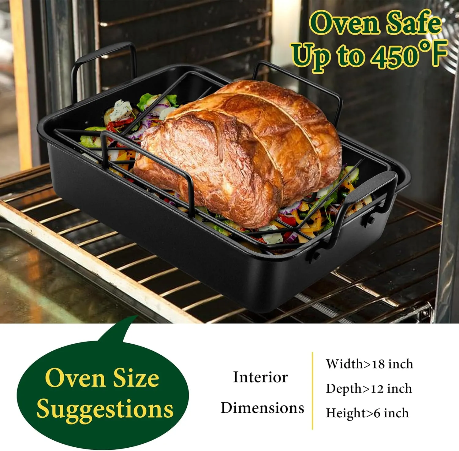E-far Roasting Pan with Racks, Small Stainless Steel Turkey Roaster with V-Shaped & Cooling Rack for Oven, 14 Inch Nonstick Deep Broiler Pan with Handles for Baking Chicken Lasagna Meat, Heavy Duty