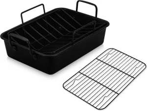 E-far Roasting Pan with Racks, Small Stainless Steel Turkey Roaster with V-Shaped & Cooling Rack for Oven, 14 Inch Nonstick Deep Broiler Pan with Handles for Baking Chicken Lasagna Meat, Heavy Duty