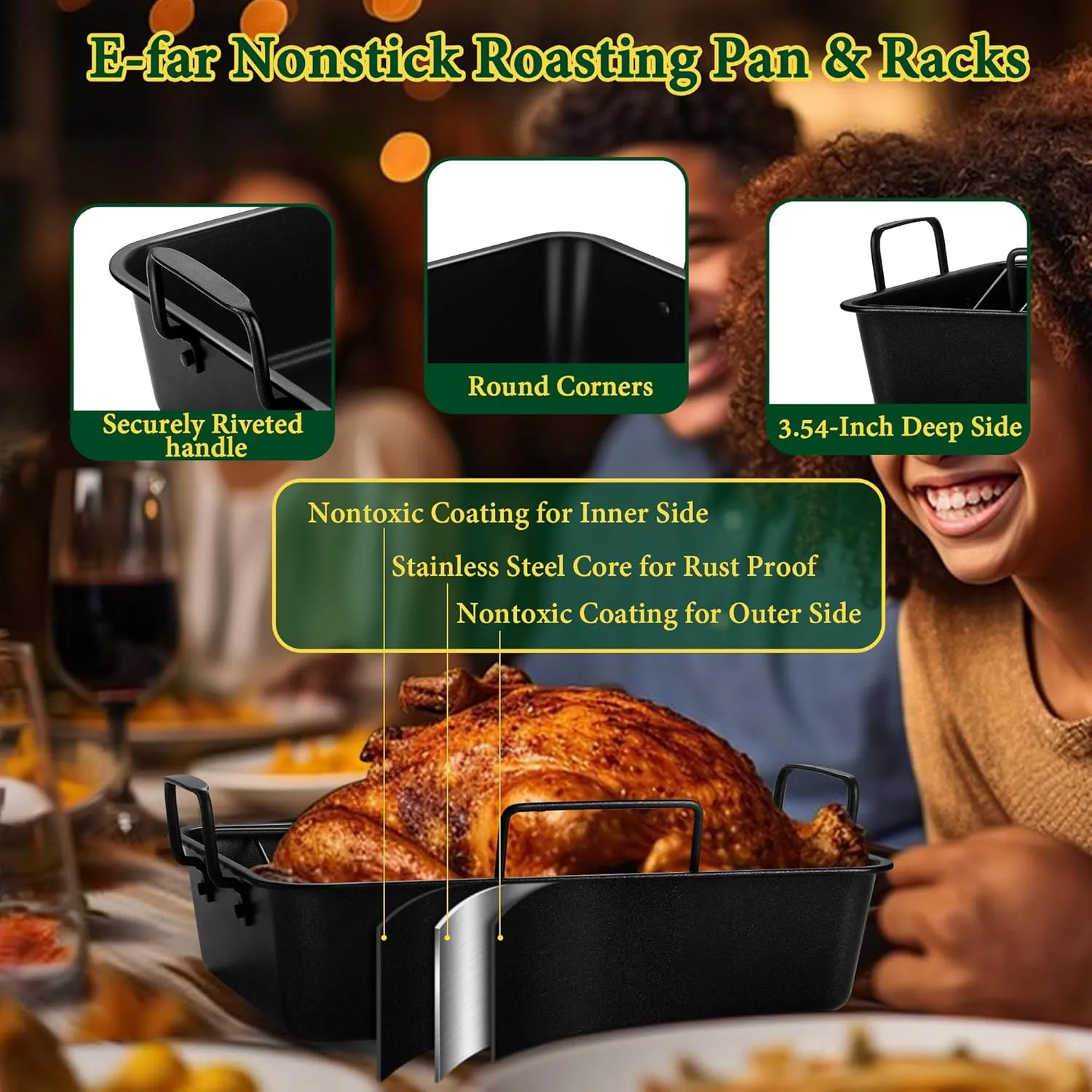 E-far Roasting Pan with Racks, Small Stainless Steel Turkey Roaster with V-Shaped & Cooling Rack for Oven, 14 Inch Nonstick Deep Broiler Pan with Handles for Baking Chicken Lasagna Meat, Heavy Duty