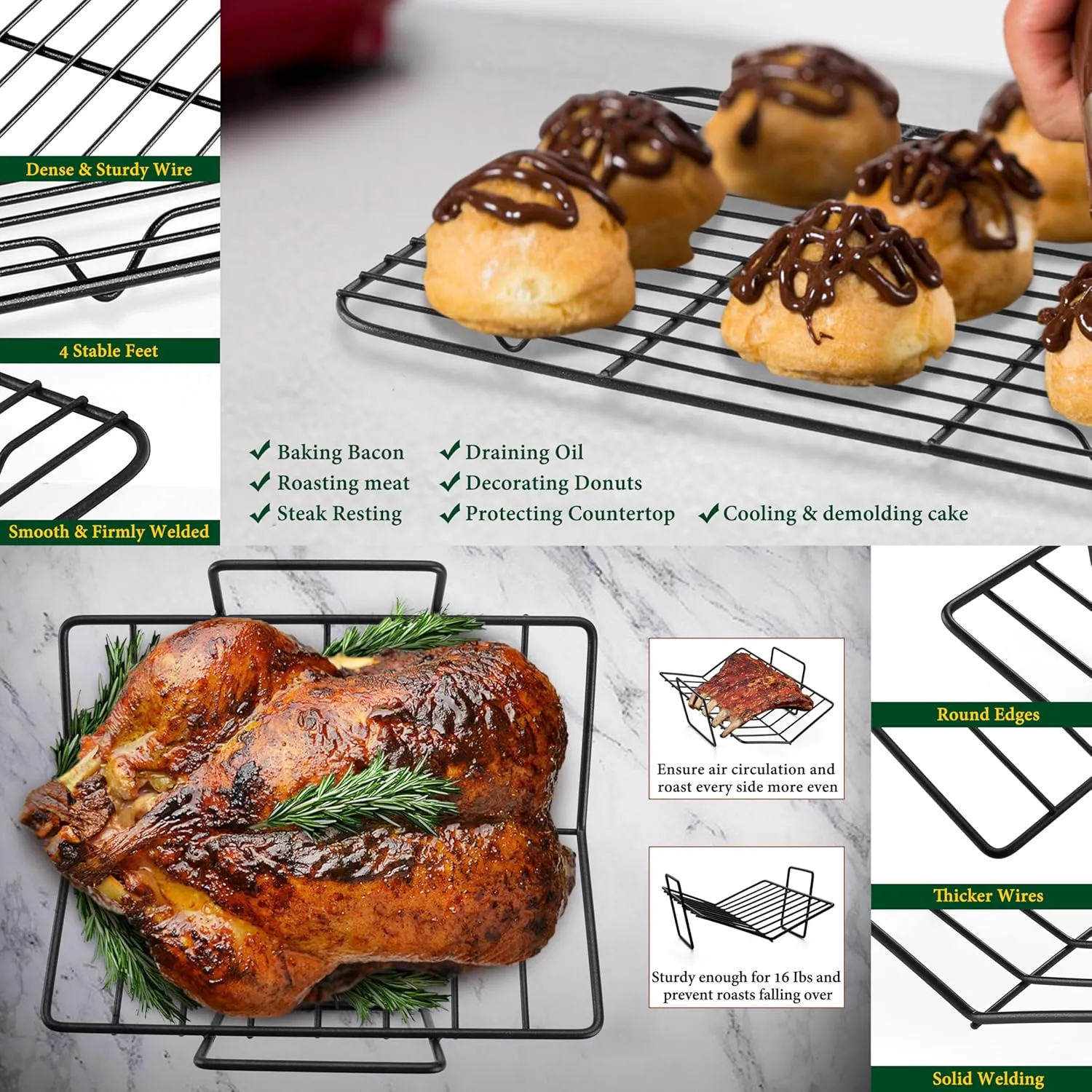 E-far Roasting Pan with Racks, Small Stainless Steel Turkey Roaster with V-Shaped & Cooling Rack for Oven, 14 Inch Nonstick Deep Broiler Pan with Handles for Baking Chicken Lasagna Meat, Heavy Duty