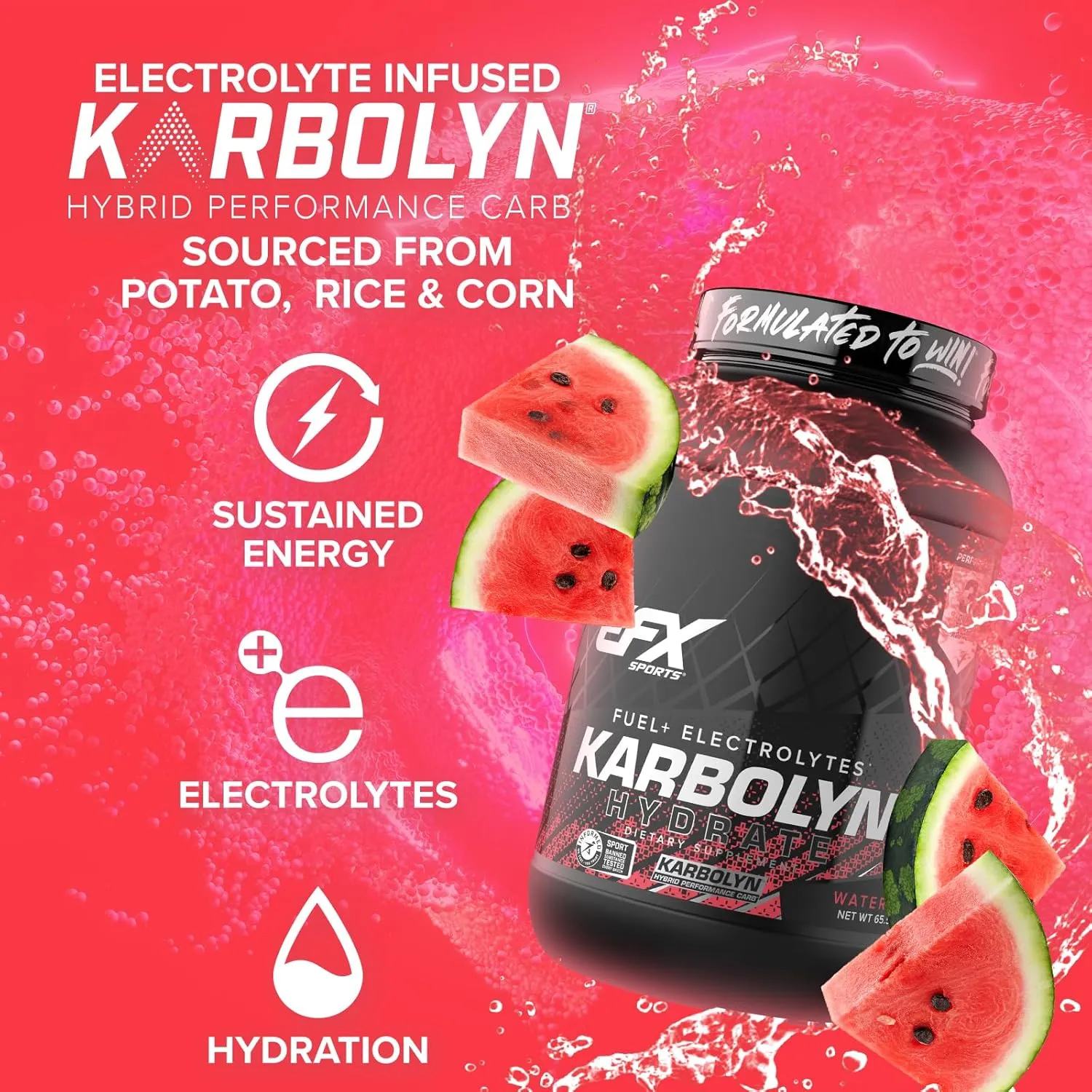 EFX Sports Karbolyn Hydrate | Carbohydrate Powder   Electrolytes | Sugar Free Sports Drink Mix | Fuel & Hydration | Stimulant Free | 66 Servings (Watermelon Wave)