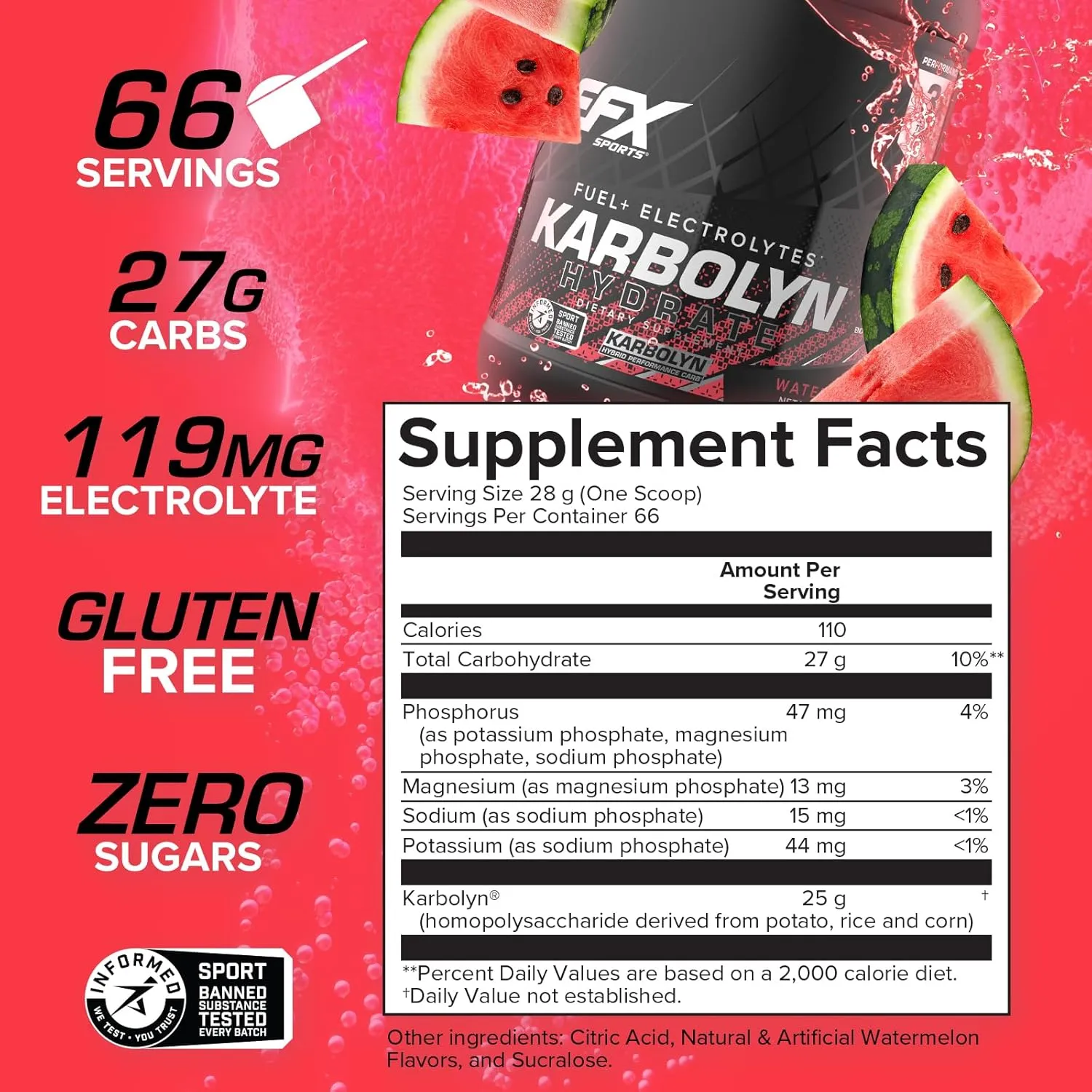 EFX Sports Karbolyn Hydrate | Carbohydrate Powder   Electrolytes | Sugar Free Sports Drink Mix | Fuel & Hydration | Stimulant Free | 66 Servings (Watermelon Wave)