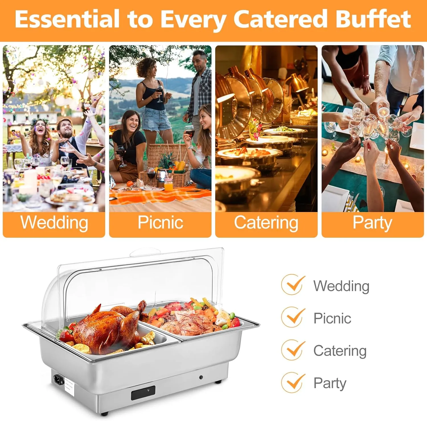Electric Chafing Dish, Catering Food Warmer with 2 Half Size Trays, Clear Roll Top, Rotary Knob Control, Temp Adjustable Buffet Survers and Warmers for Party, Wedding