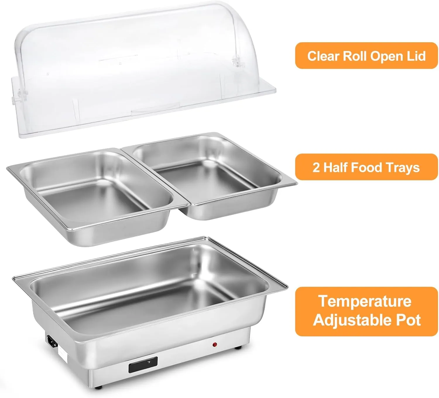 Electric Chafing Dish, Catering Food Warmer with 2 Half Size Trays, Clear Roll Top, Rotary Knob Control, Temp Adjustable Buffet Survers and Warmers for Party, Wedding
