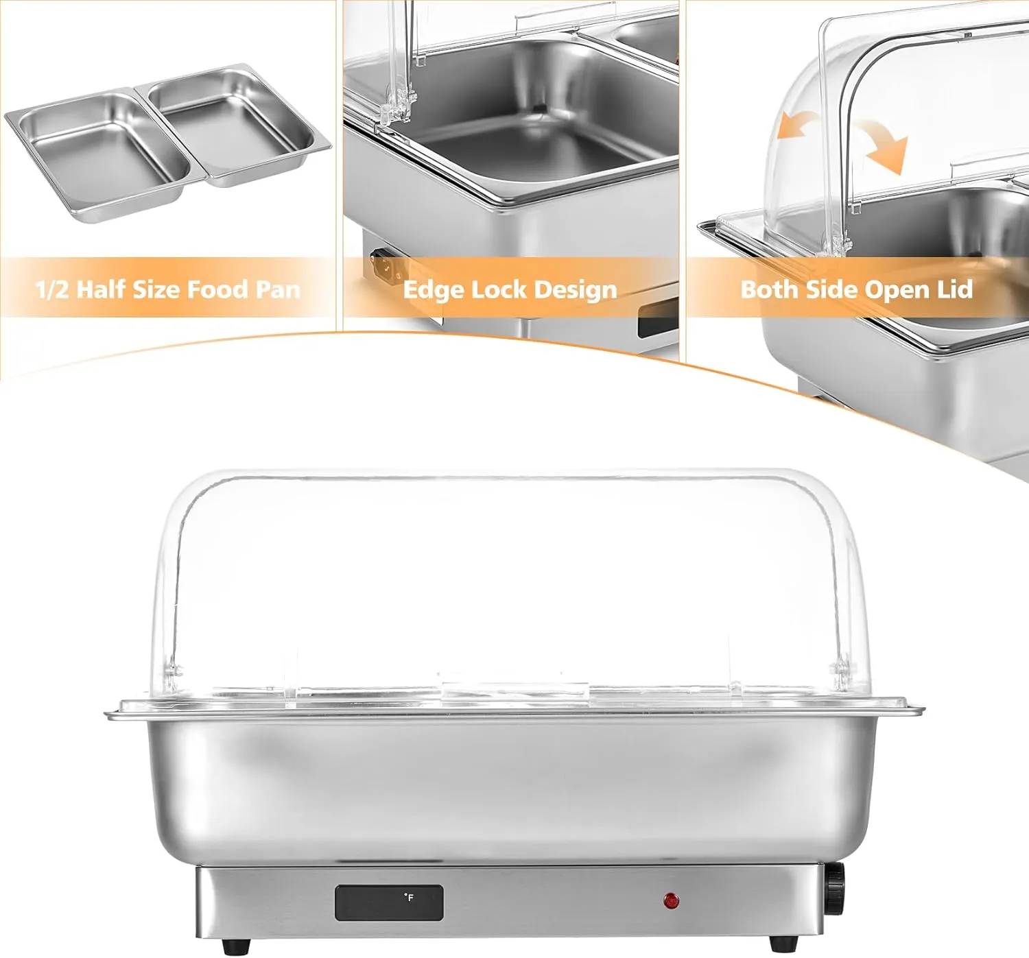 Electric Chafing Dish, Catering Food Warmer with 2 Half Size Trays, Clear Roll Top, Rotary Knob Control, Temp Adjustable Buffet Survers and Warmers for Party, Wedding