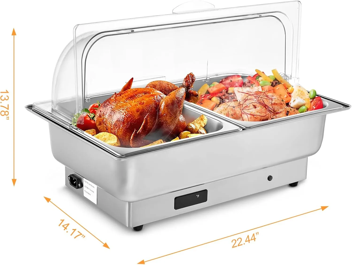 Electric Chafing Dish, Catering Food Warmer with 2 Half Size Trays, Clear Roll Top, Rotary Knob Control, Temp Adjustable Buffet Survers and Warmers for Party, Wedding