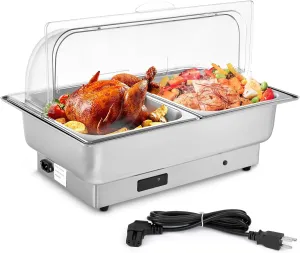 Electric Chafing Dish, Catering Food Warmer with 2 Half Size Trays, Clear Roll Top, Rotary Knob Control, Temp Adjustable Buffet Survers and Warmers for Party, Wedding