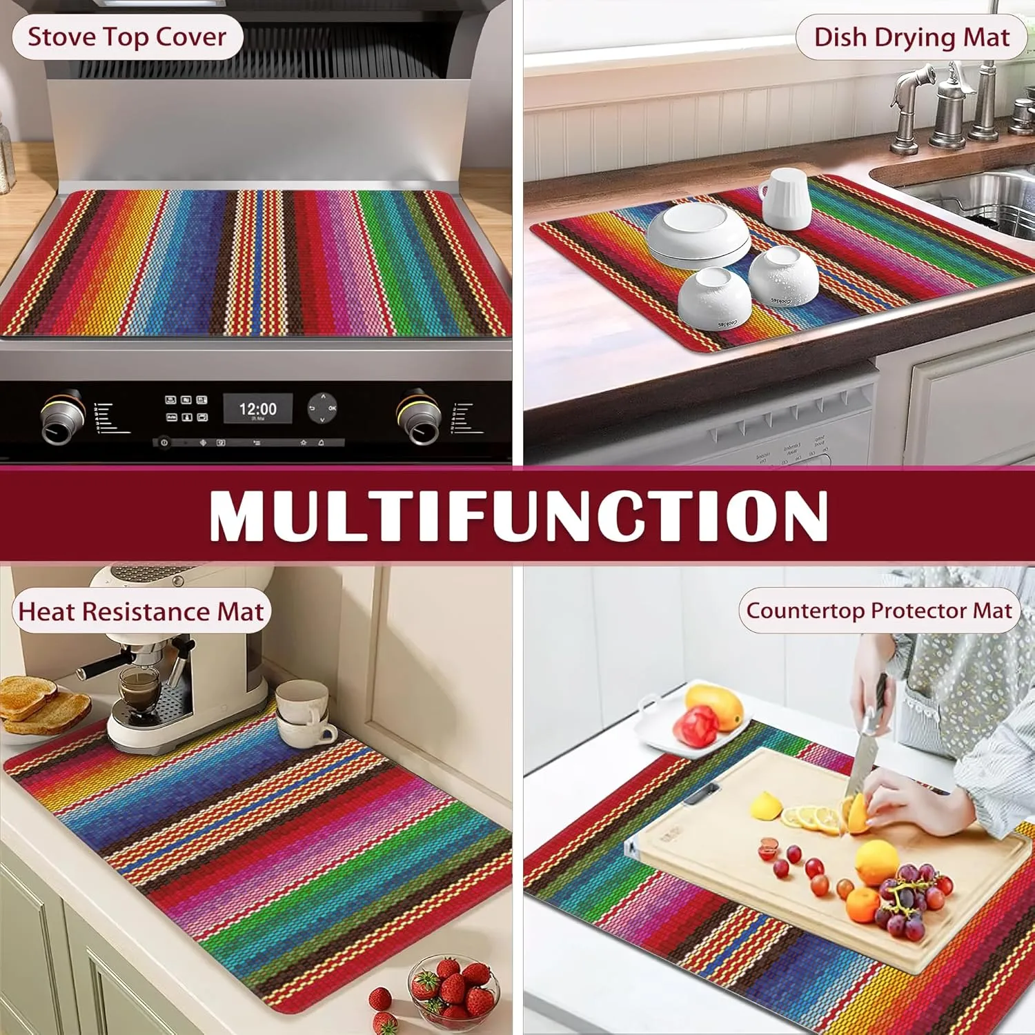 Electric Stove Top Cover Protector,Mexican Ethnic Stripes Rainbow Glass Flat Top Stove Mat,Heat-Resistant Oven Induction Cooktop Mat for Ceramic Countertop Mats Dish Drying Mat