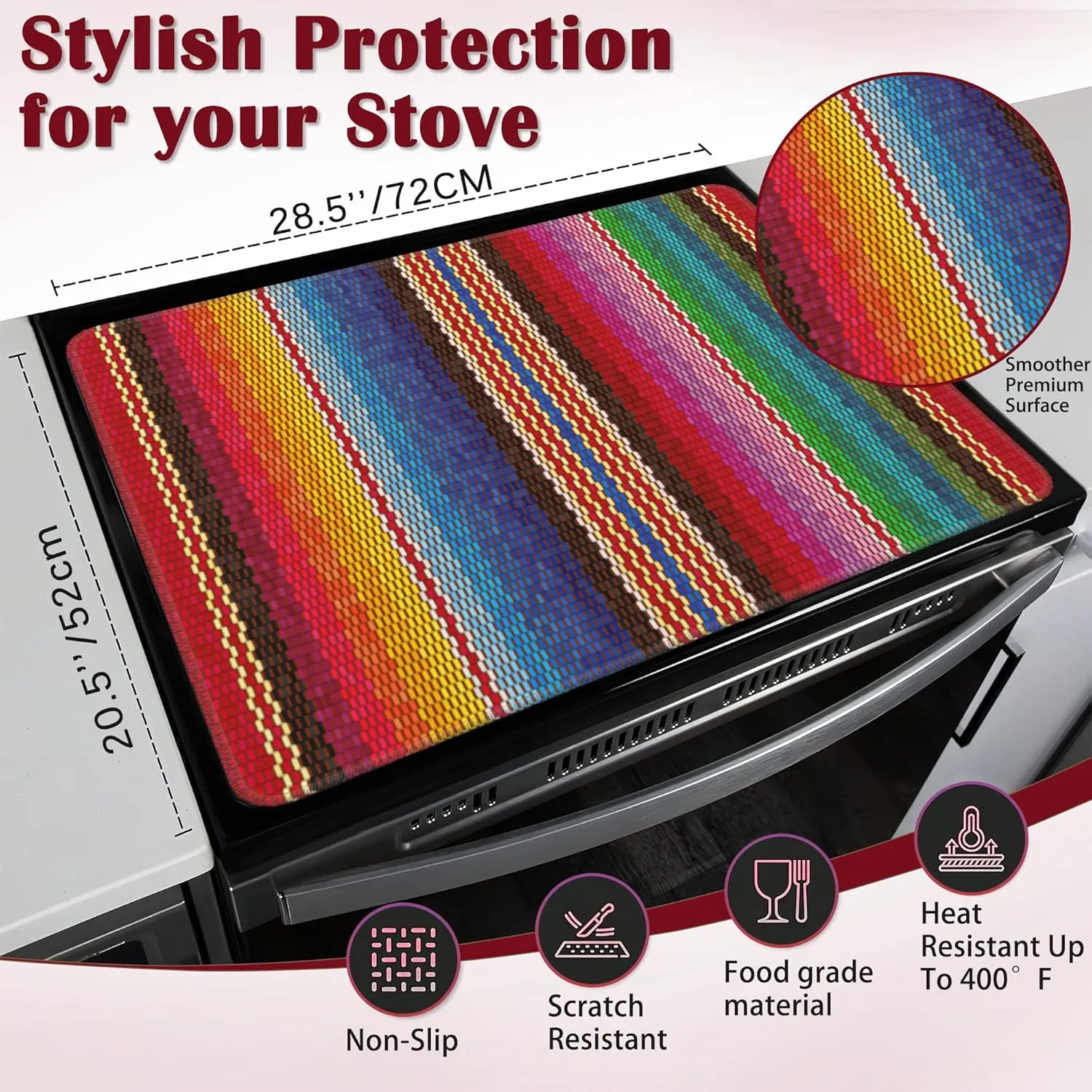 Electric Stove Top Cover Protector,Mexican Ethnic Stripes Rainbow Glass Flat Top Stove Mat,Heat-Resistant Oven Induction Cooktop Mat for Ceramic Countertop Mats Dish Drying Mat