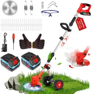 Electric Weed Wacker Cordless On Wheel, Lightweight Weed Eater Battery Powered 4000mAh 21V, 4 in 1 Lawn Edger Weed Trimmer Brush Cutter Mower, No String Grass Trimmer Wheel Yard Garden Tool