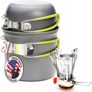 ELK Camping Cookware Stove Set - Compact, Lightweight and Portable Outdoor Cooking Kit with Non-Stick Pots - Stainless Steel Construction - Ideal for Camping, Hiking, Backpacking and Picnics
