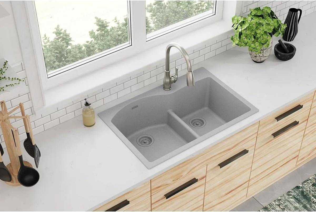 Elkay Quartz Classic ELGH3322RGS0 Greystone Offset 60/40 Double Bowl Top Mount Sink