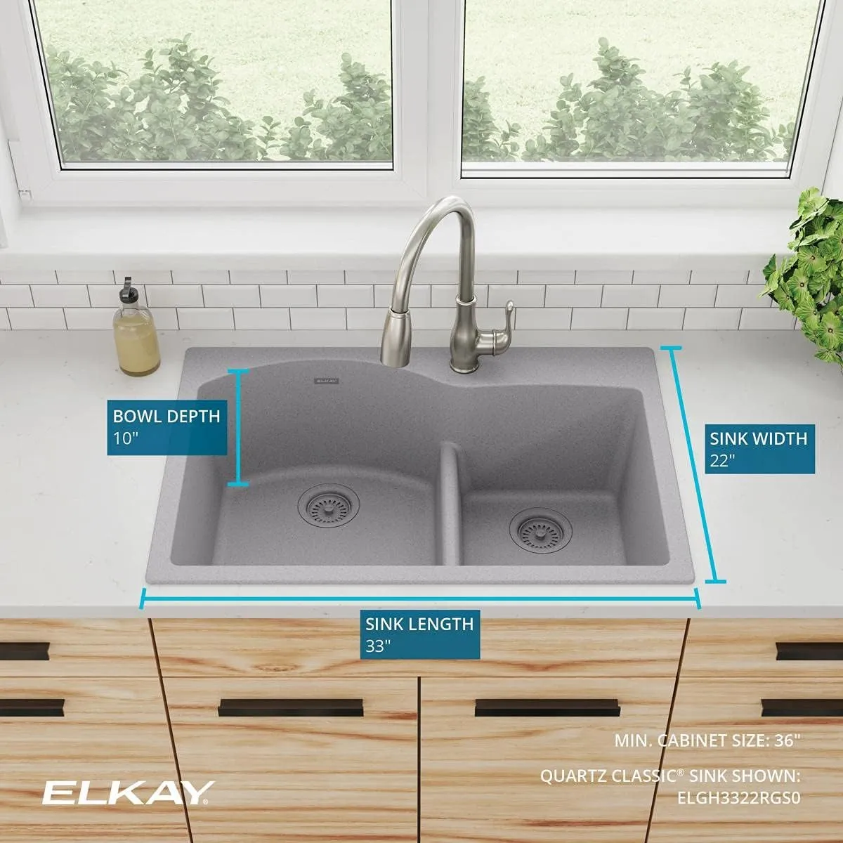 Elkay Quartz Classic ELGH3322RGS0 Greystone Offset 60/40 Double Bowl Top Mount Sink