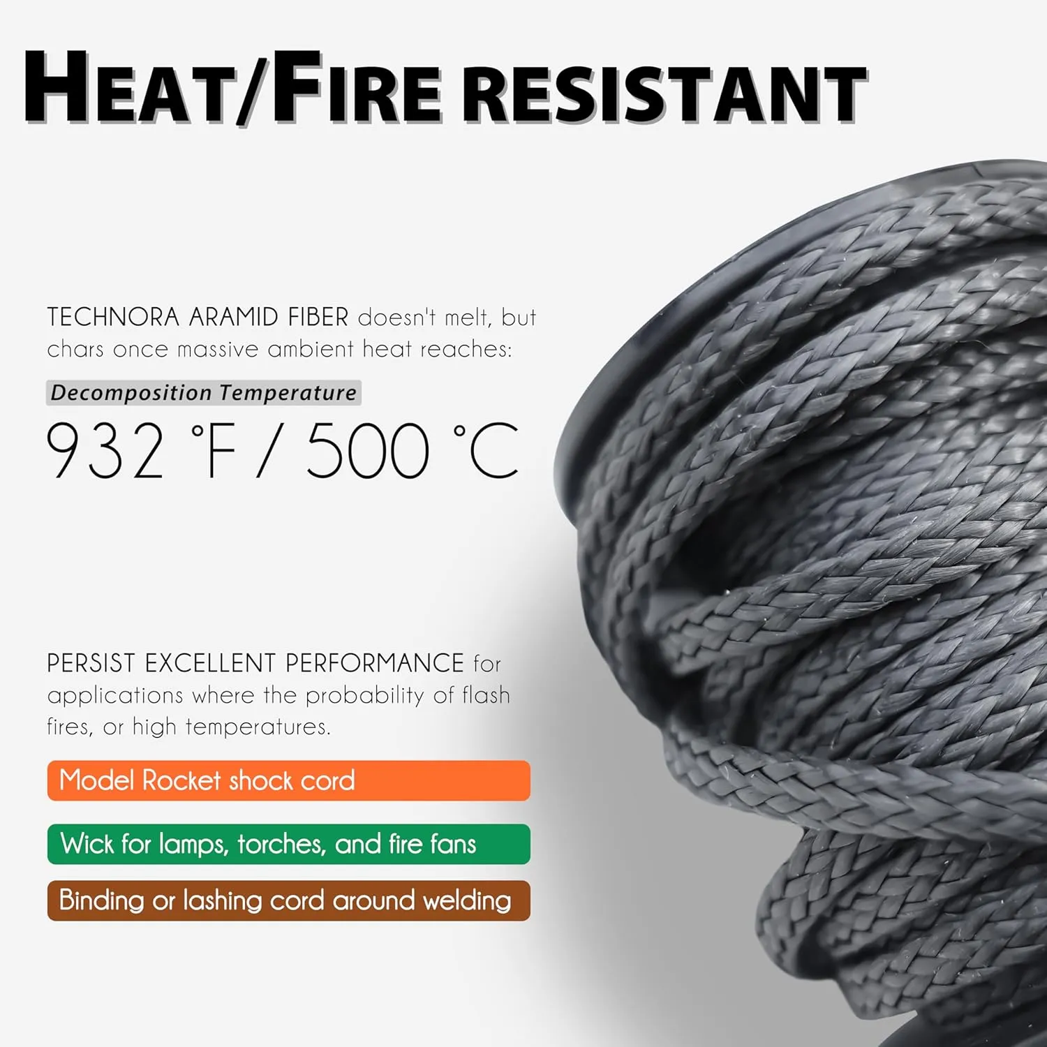 emma kites Black 1.3mm Technora Braided Cord PU Coating Abrasion Flame Resistant, Snare Line Tough Tactical Survival Cord Model Rocket Paracord Assist Cord 300Lb 120Ft