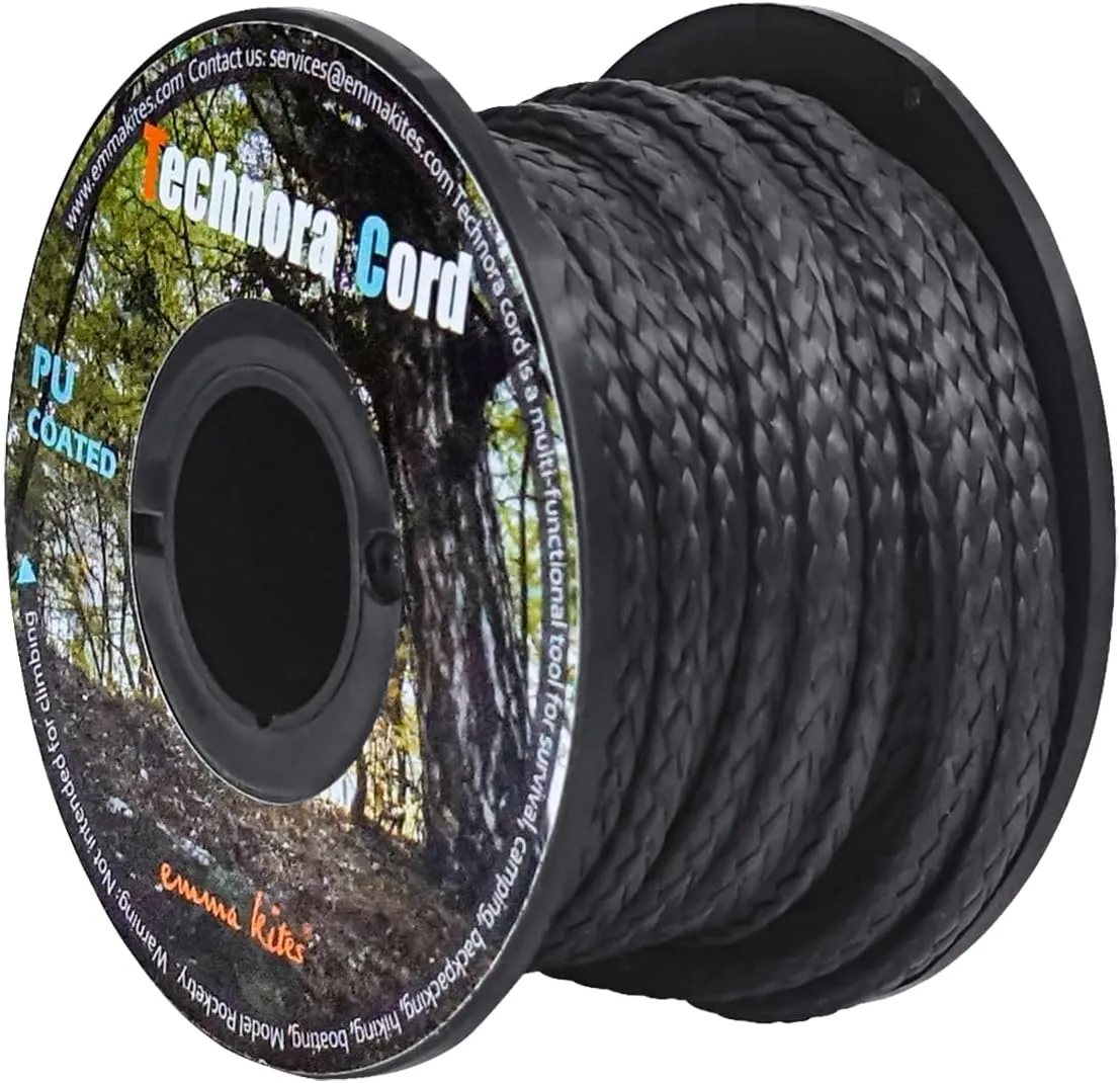 emma kites Black 1.3mm Technora Braided Cord PU Coating Abrasion Flame Resistant, Snare Line Tough Tactical Survival Cord Model Rocket Paracord Assist Cord 300Lb 120Ft
