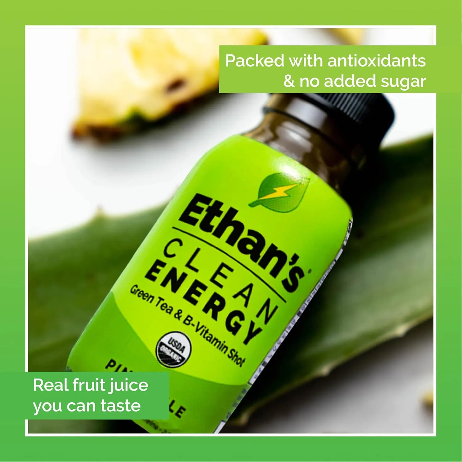Ethan's Organic Clean Energy Shots Pineapple, Sugar Free Natural Pre-Workout Focus Boost, Gluten Free, Vegan, B6 & B12 Vitamin C with Green Tea Extract and Guayusa (12 Pack of 2oz Shots)