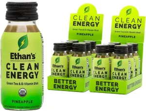 Ethan's Organic Clean Energy Shots Pineapple, Sugar Free Natural Pre-Workout Focus Boost, Gluten Free, Vegan, B6 & B12 Vitamin C with Green Tea Extract and Guayusa (12 Pack of 2oz Shots)