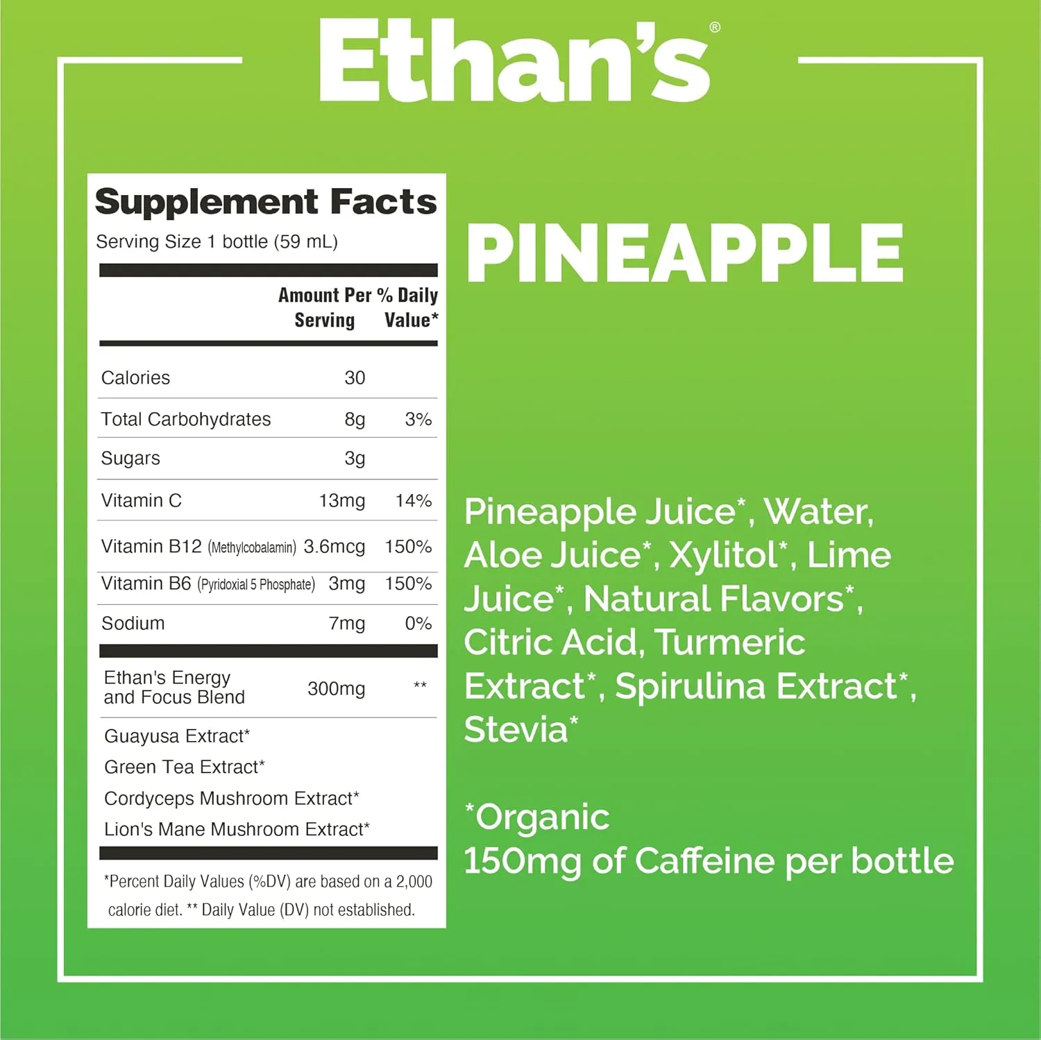 Ethan's Organic Clean Energy Shots Pineapple, Sugar Free Natural Pre-Workout Focus Boost, Gluten Free, Vegan, B6 & B12 Vitamin C with Green Tea Extract and Guayusa (12 Pack of 2oz Shots)