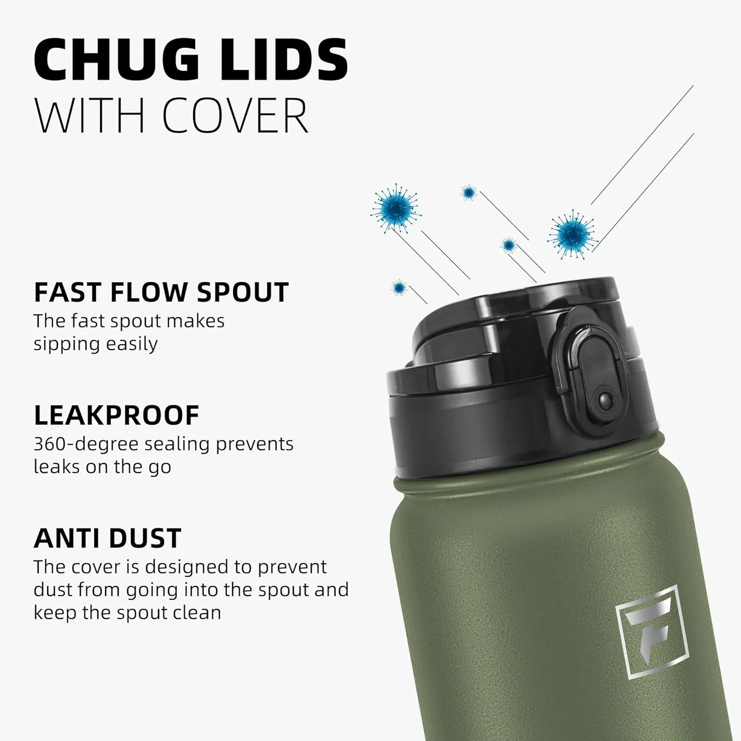 Fanhaw 20 Oz Insulated Stainless Steel Water Bottle with 1 Lid (Chug Lid) - For Kids, Women, Men | Leak & Sweat Proof with Anti-Dust Lid (Olive Green)