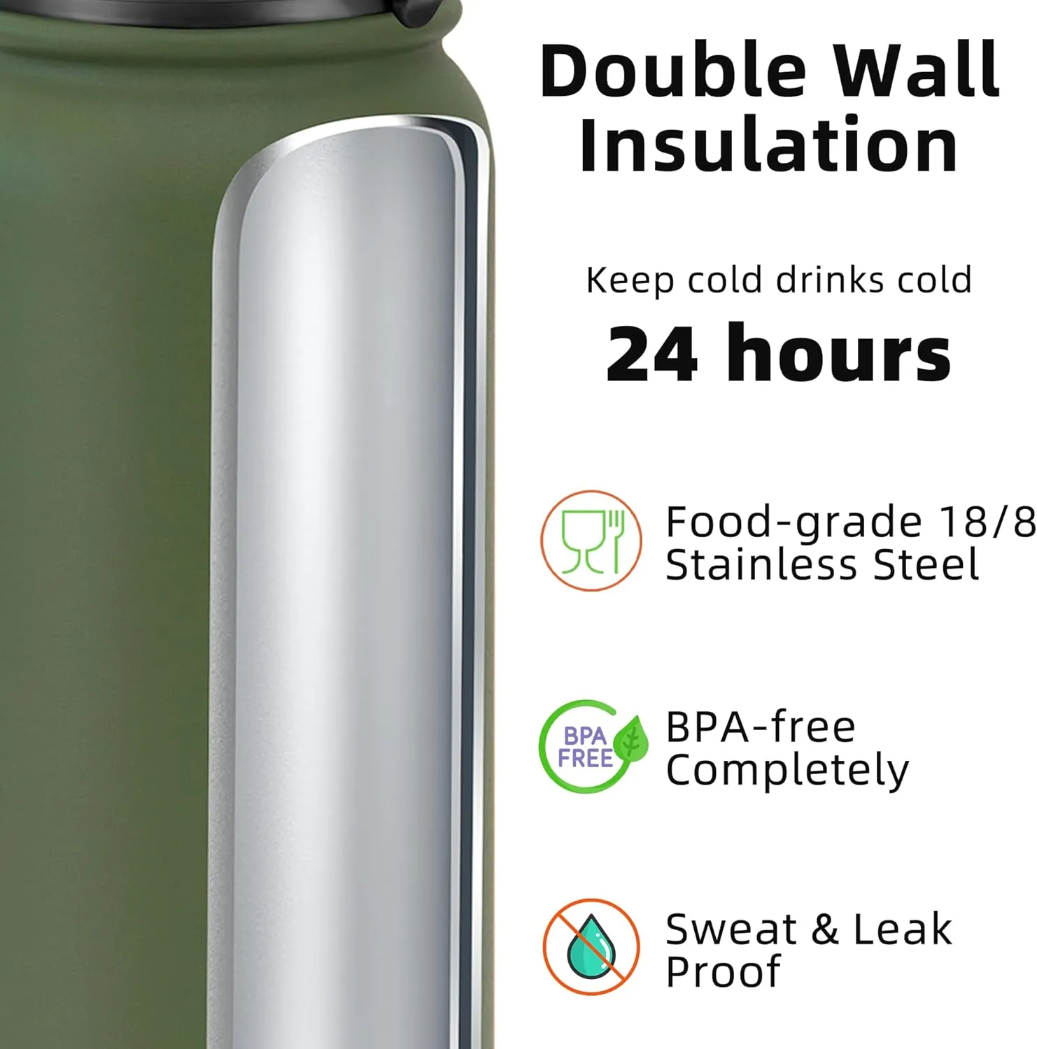 Fanhaw 20 Oz Insulated Stainless Steel Water Bottle with 1 Lid (Chug Lid) - For Kids, Women, Men | Leak & Sweat Proof with Anti-Dust Lid (Olive Green)