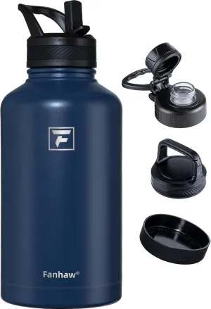 Fanhaw 64 oz Stainless Steel Insulated Water Bottle with 3 Lids (Straw, Spout and Carabiner Lid) - Half Gallon Sports Water Flask Jug (Navy Blue)