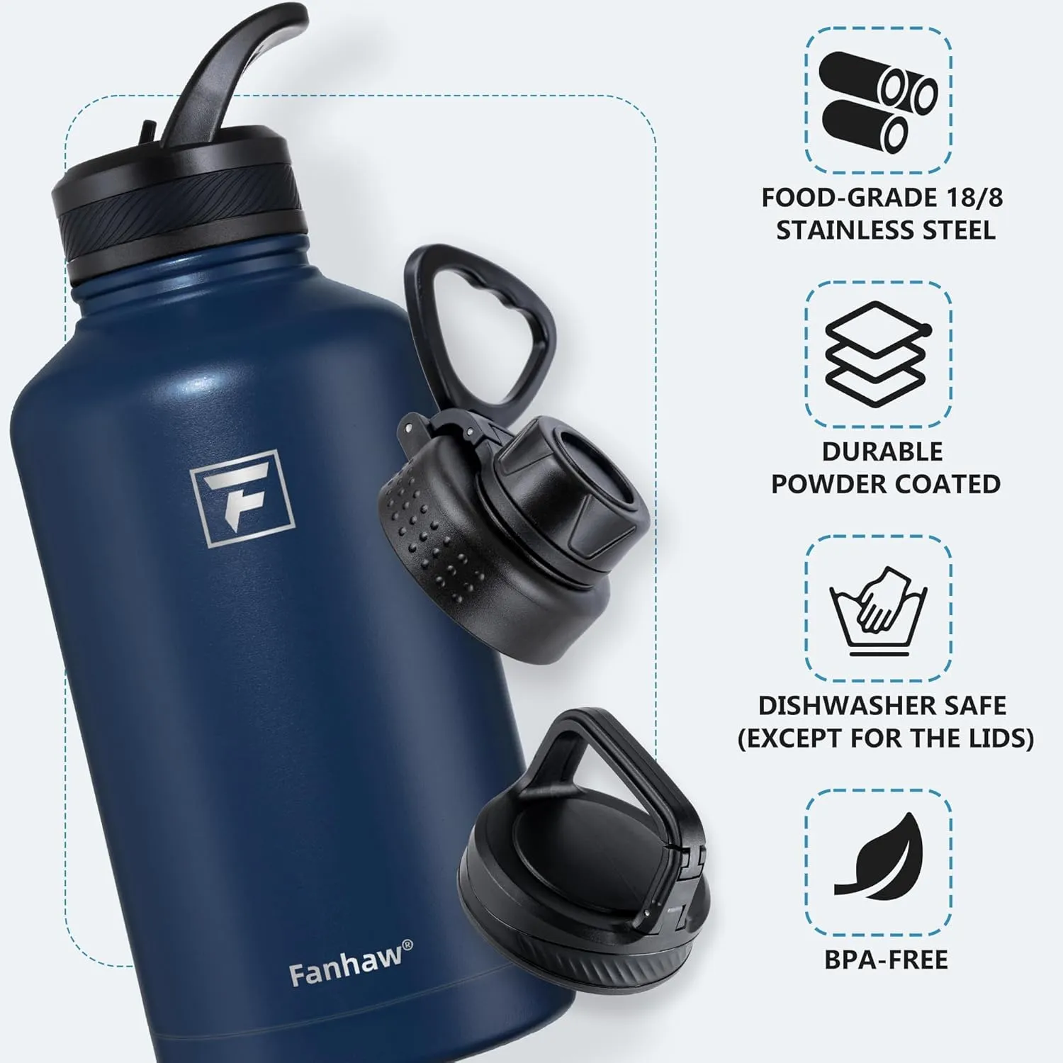 Fanhaw 64 oz Stainless Steel Insulated Water Bottle with 3 Lids (Straw, Spout and Carabiner Lid) - Half Gallon Sports Water Flask Jug (Navy Blue)