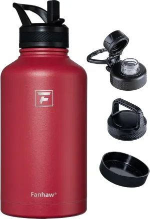 Fanhaw 64 oz Stainless Steel Insulated Water Bottle with 3 Lids (Straw, Spout and Carabiner Lid) - Half Gallon Sports Water Flask Jug (Red)