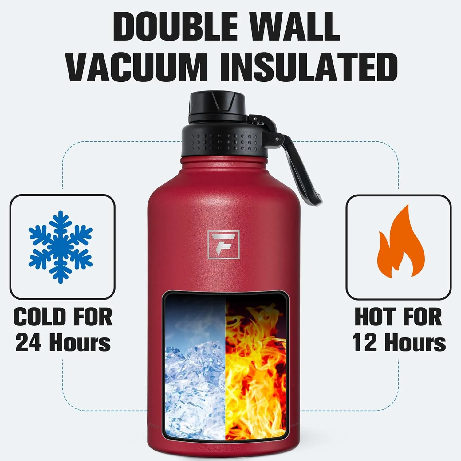 Fanhaw 64 oz Stainless Steel Insulated Water Bottle with 3 Lids (Straw, Spout and Carabiner Lid) - Half Gallon Sports Water Flask Jug (Red)