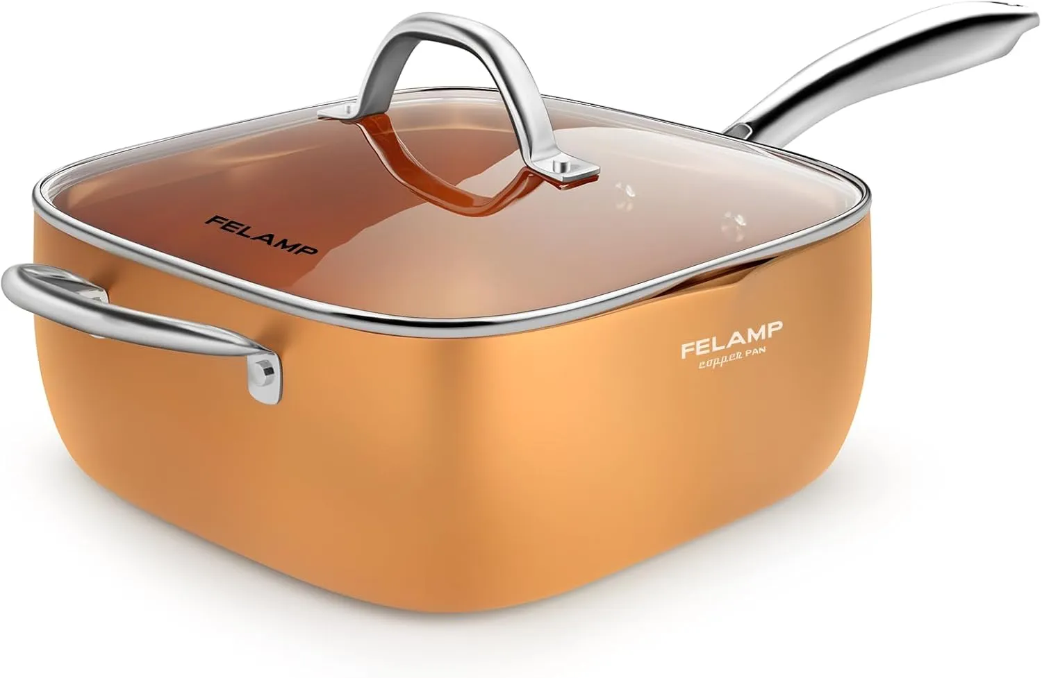 FELAMP 9.5-Inch Ceramic Nonstick Deep Square Frying Pan Set with Glass Lid, Stainless Steel Fry Basket & Steamer Rack, Induction Compatible, Oven &Dishwasher Safe, 4-Piece Copper Pan Chef Cookware Set