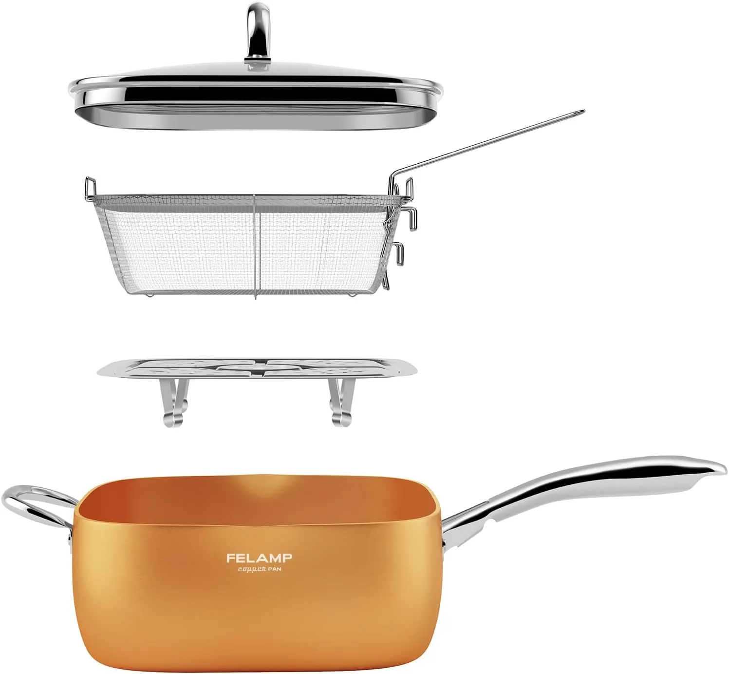 FELAMP 9.5-Inch Ceramic Nonstick Deep Square Frying Pan Set with Glass Lid, Stainless Steel Fry Basket & Steamer Rack, Induction Compatible, Oven &Dishwasher Safe, 4-Piece Copper Pan Chef Cookware Set