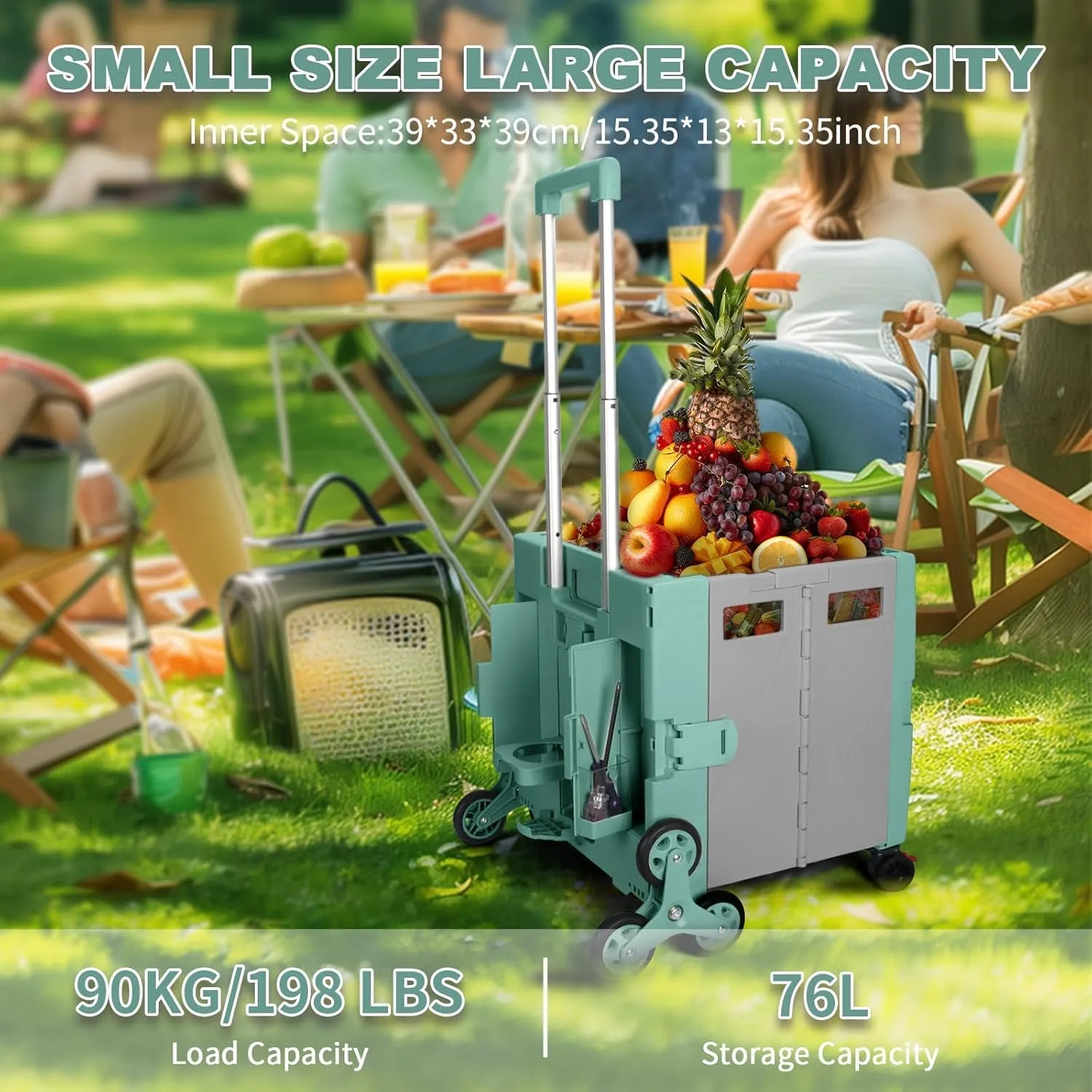 FELICON Folding Climber Utility Cart Rolling Crate Tote on Rotate Wheels with Adjustable Handle Hidden Lid Cup Holder Storage Bin for Teacher Office File Move Shop Travel Laundry Grocery(Green Gray)