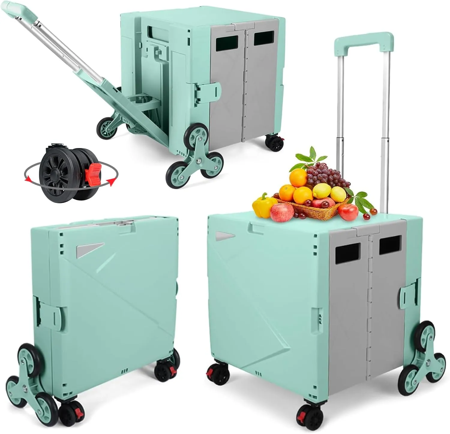 FELICON Folding Climber Utility Cart Rolling Crate Tote on Rotate Wheels with Adjustable Handle Hidden Lid Cup Holder Storage Bin for Teacher Office File Move Shop Travel Laundry Grocery(Green Gray)