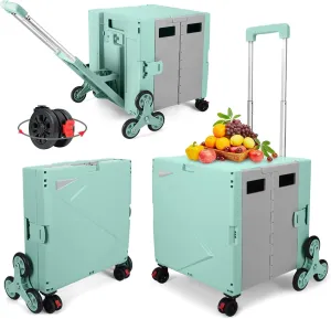 FELICON Folding Climber Utility Cart Rolling Crate Tote on Rotate Wheels with Adjustable Handle Hidden Lid Cup Holder Storage Bin for Teacher Office File Move Shop Travel Laundry Grocery(Green Gray)