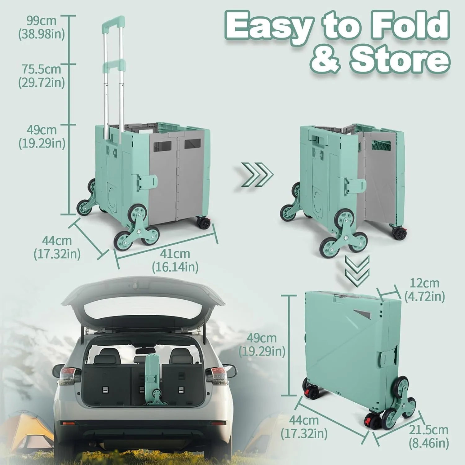 FELICON Folding Climber Utility Cart Rolling Crate Tote on Rotate Wheels with Adjustable Handle Hidden Lid Cup Holder Storage Bin for Teacher Office File Move Shop Travel Laundry Grocery(Green Gray)