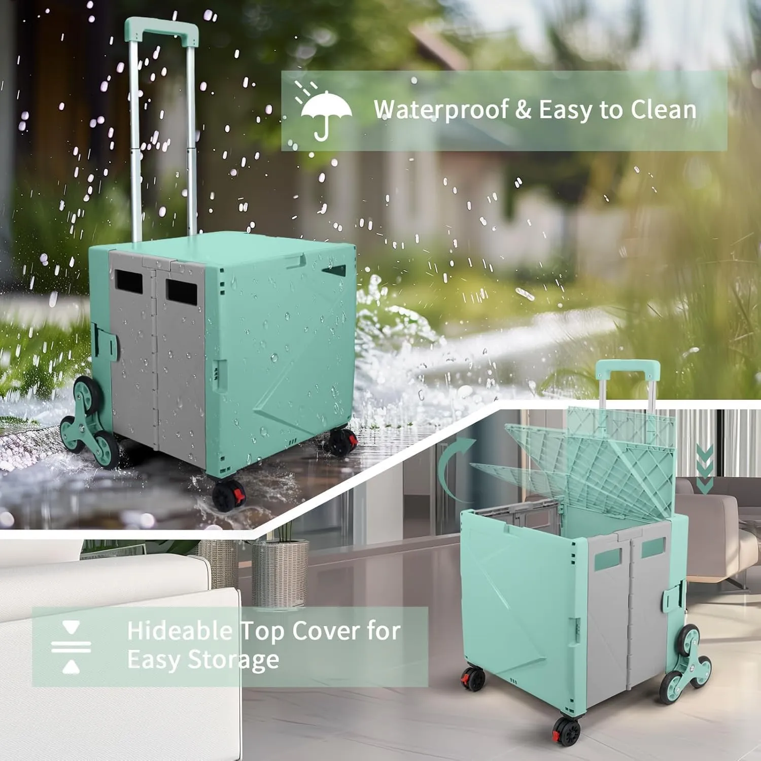 FELICON Folding Climber Utility Cart Rolling Crate Tote on Rotate Wheels with Adjustable Handle Hidden Lid Cup Holder Storage Bin for Teacher Office File Move Shop Travel Laundry Grocery(Green Gray)