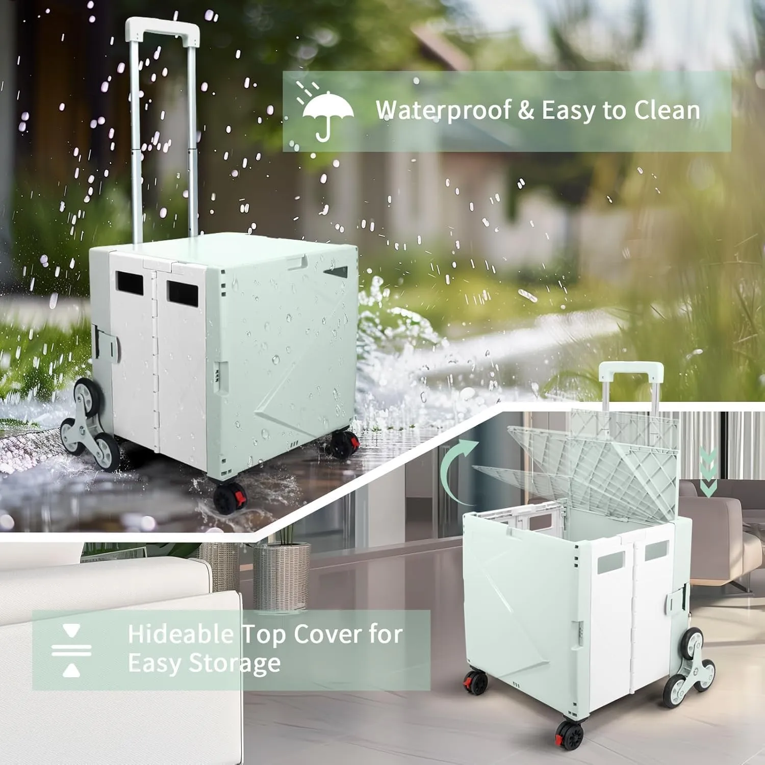 FELICON Folding Climber Utility Cart Rolling Crate Tote on Rotate Wheels with Adjustable Handle Hidden Lid Cup Holder Storage Bin for Teacher Office File Move Shop Travel Laundry Grocery(Green White)