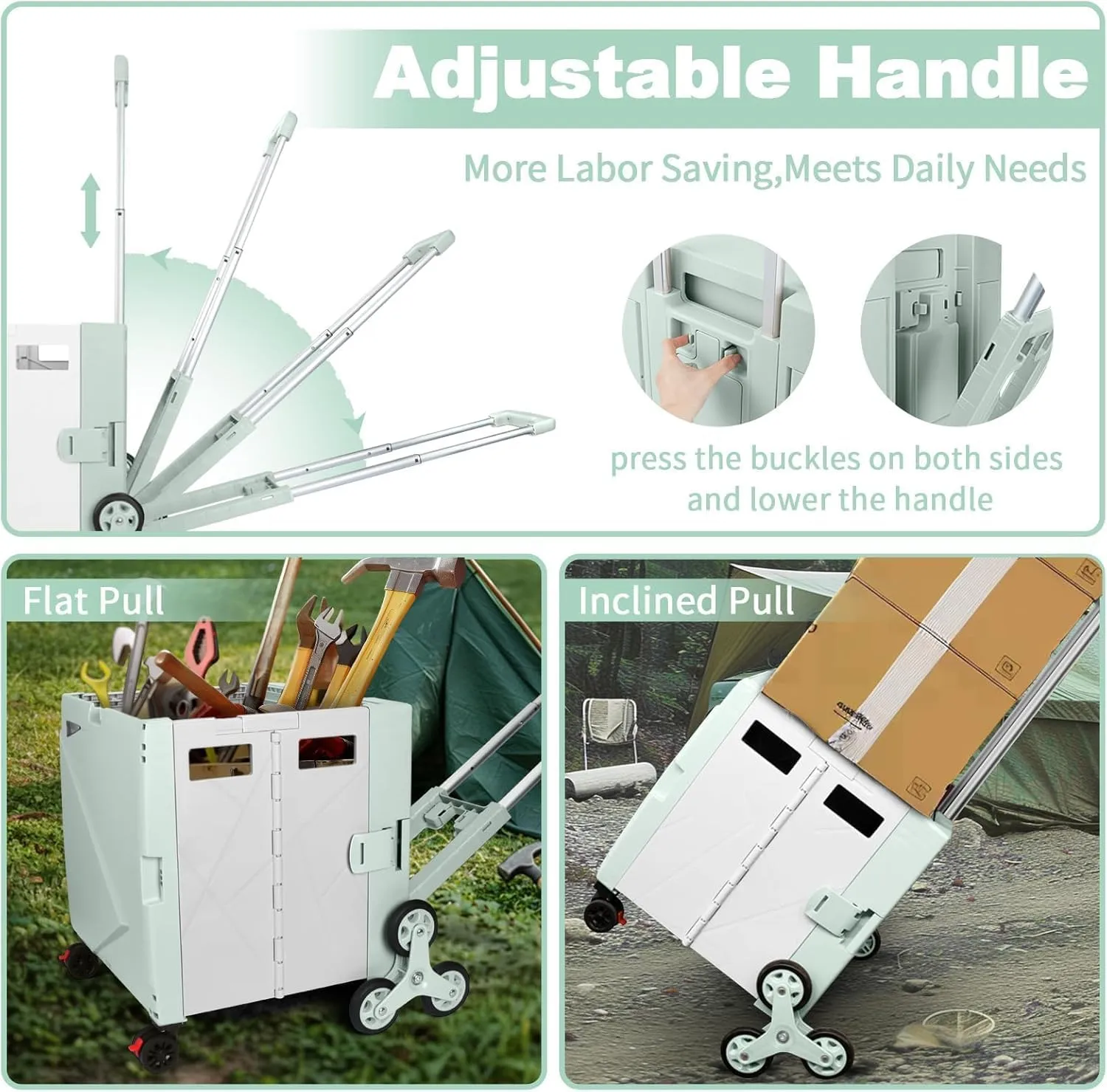 FELICON Folding Climber Utility Cart Rolling Crate Tote on Rotate Wheels with Adjustable Handle Hidden Lid Cup Holder Storage Bin for Teacher Office File Move Shop Travel Laundry Grocery(Green White)