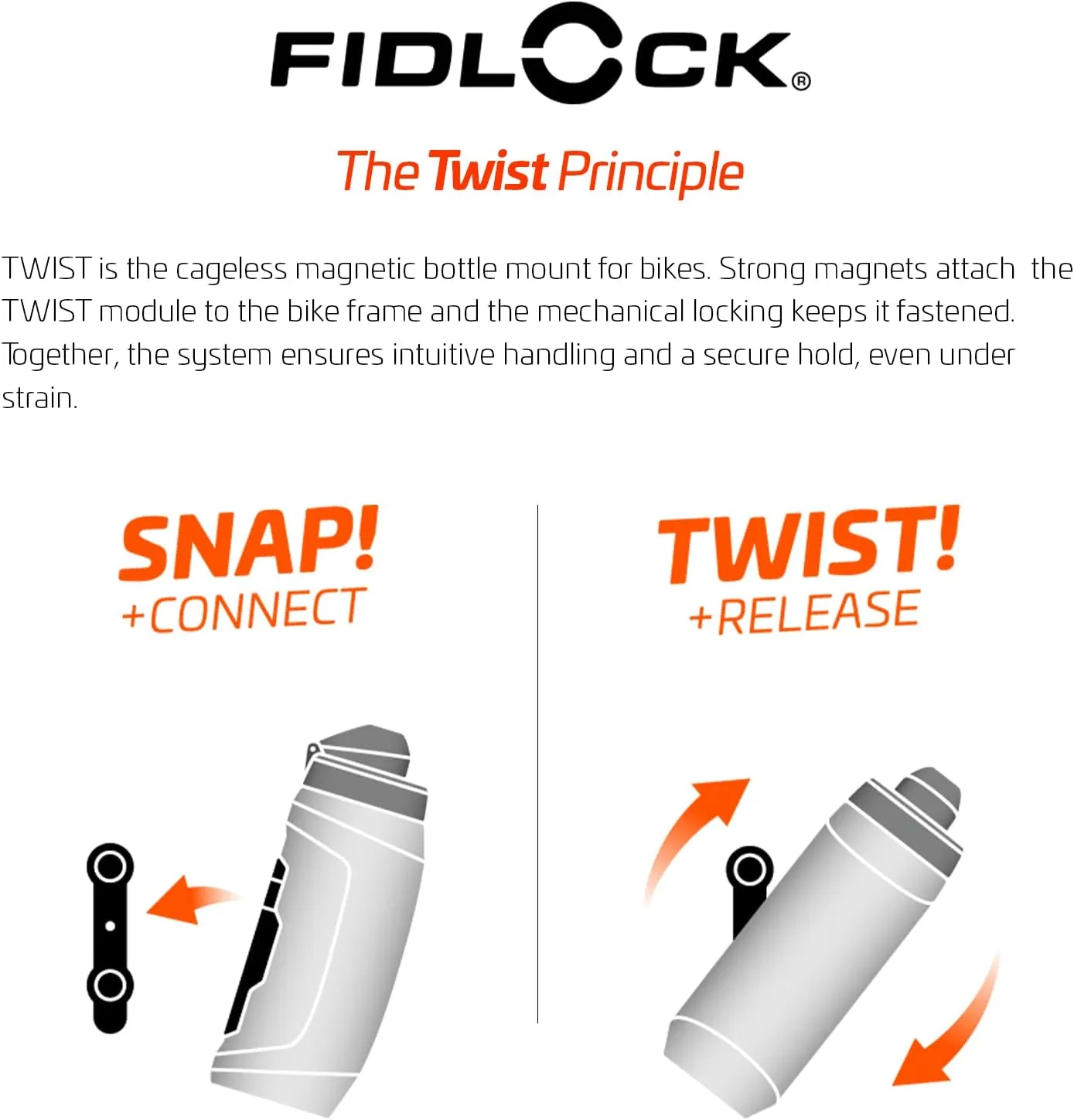 FIDLOCK Twist Bottle 590ml/20oz   Base Systems | New Leak-Proof, Self-Sealing Bottle Cap | Bike Water Bottle Holder with No Screws & Attached Bottle | Cage Free Magnetic Rack | Black