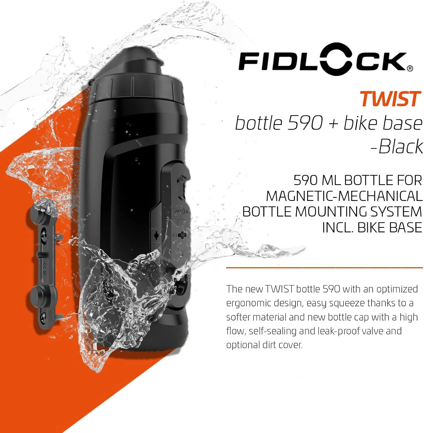 FIDLOCK Twist Bottle 590ml/20oz   Base Systems | New Leak-Proof, Self-Sealing Bottle Cap | Bike Water Bottle Holder with No Screws & Attached Bottle | Cage Free Magnetic Rack | Black