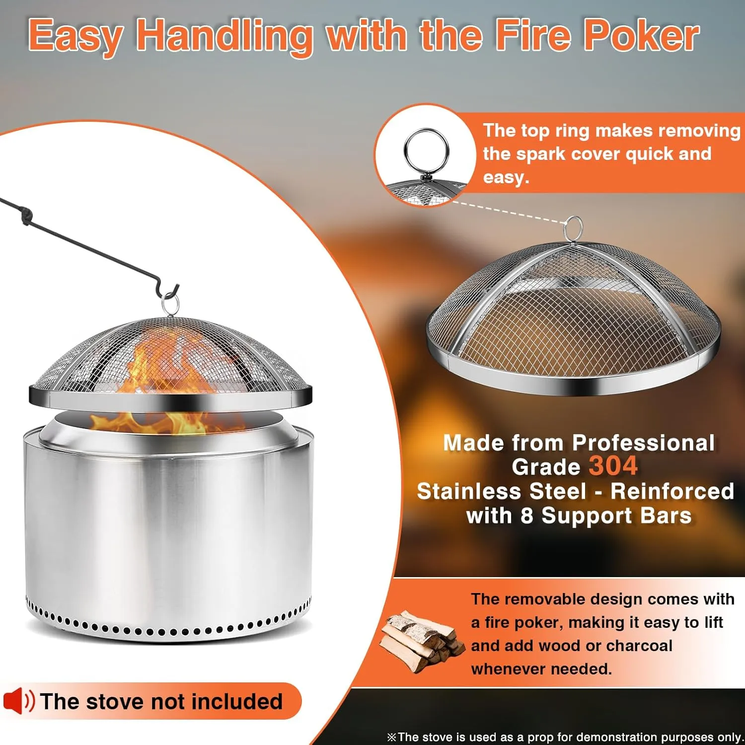Fire Pit Spark Screen for Solo Stove Bonfire Size, Teisaiko Heavy-Duty 304 Stainless-Steel Mesh Spark Protector, Accessory for Solo Stove Bonfire, with Handle & Poker (for Yukon 27'' Size)