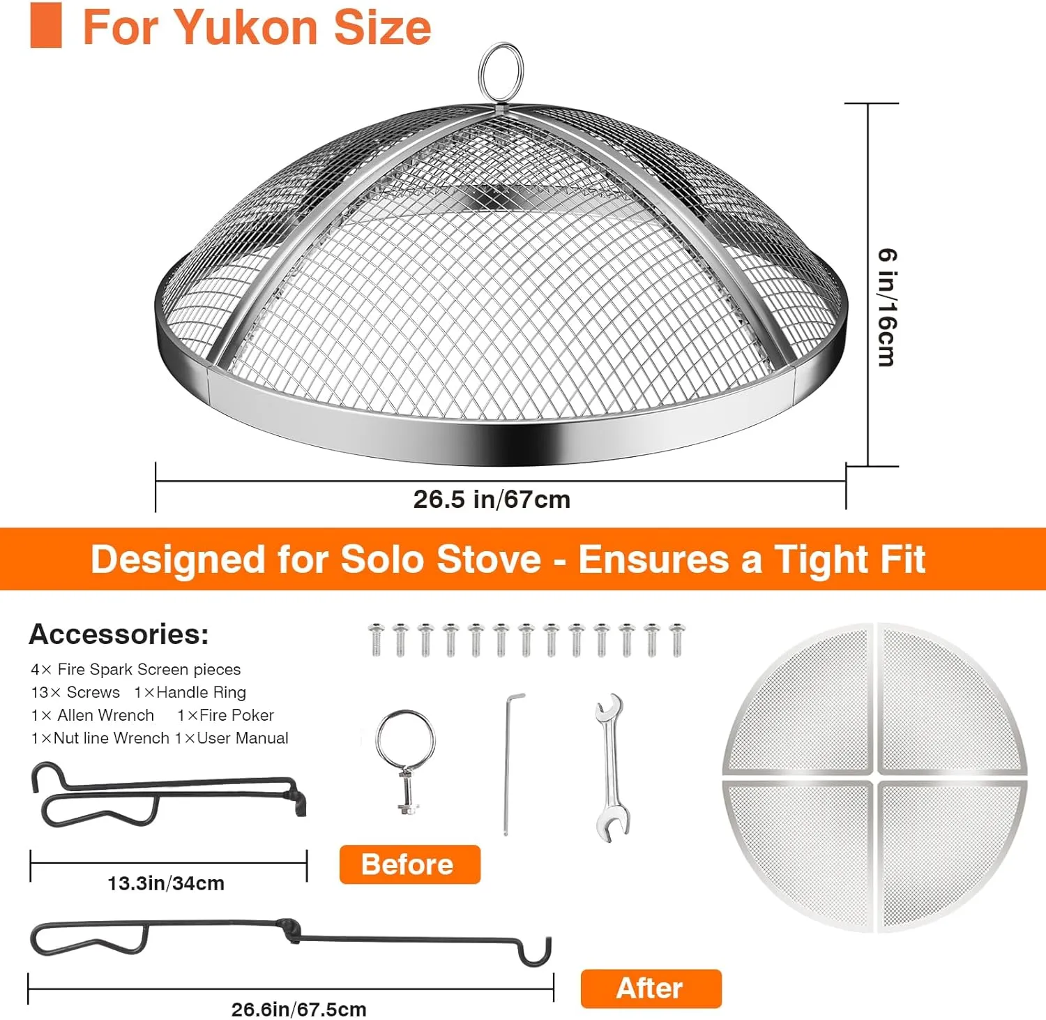 Fire Pit Spark Screen for Solo Stove Bonfire Size, Teisaiko Heavy-Duty 304 Stainless-Steel Mesh Spark Protector, Accessory for Solo Stove Bonfire, with Handle & Poker (for Yukon 27'' Size)