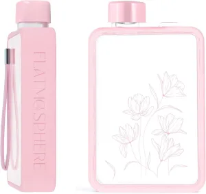 FLATMOSPHERE - 13OZ Flat Water Bottle - BPA free - Leak proof – Elegant slim portable Unique Flowers Design Fits in any handbag Notebook water bottle for sports GYM outdoor travel camping (PINK)