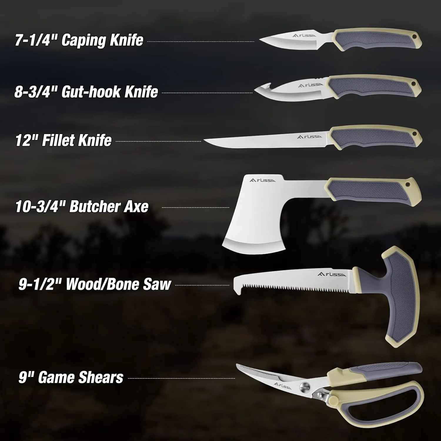 FLISSA Hunting Field Dressing Kit, 10 Piece Hunting Knife Set with Skinning Knife, Butcher Game Processing Kit with Portable Storage Case for Deer, Meat Processing, Fishing, Camping, Survival