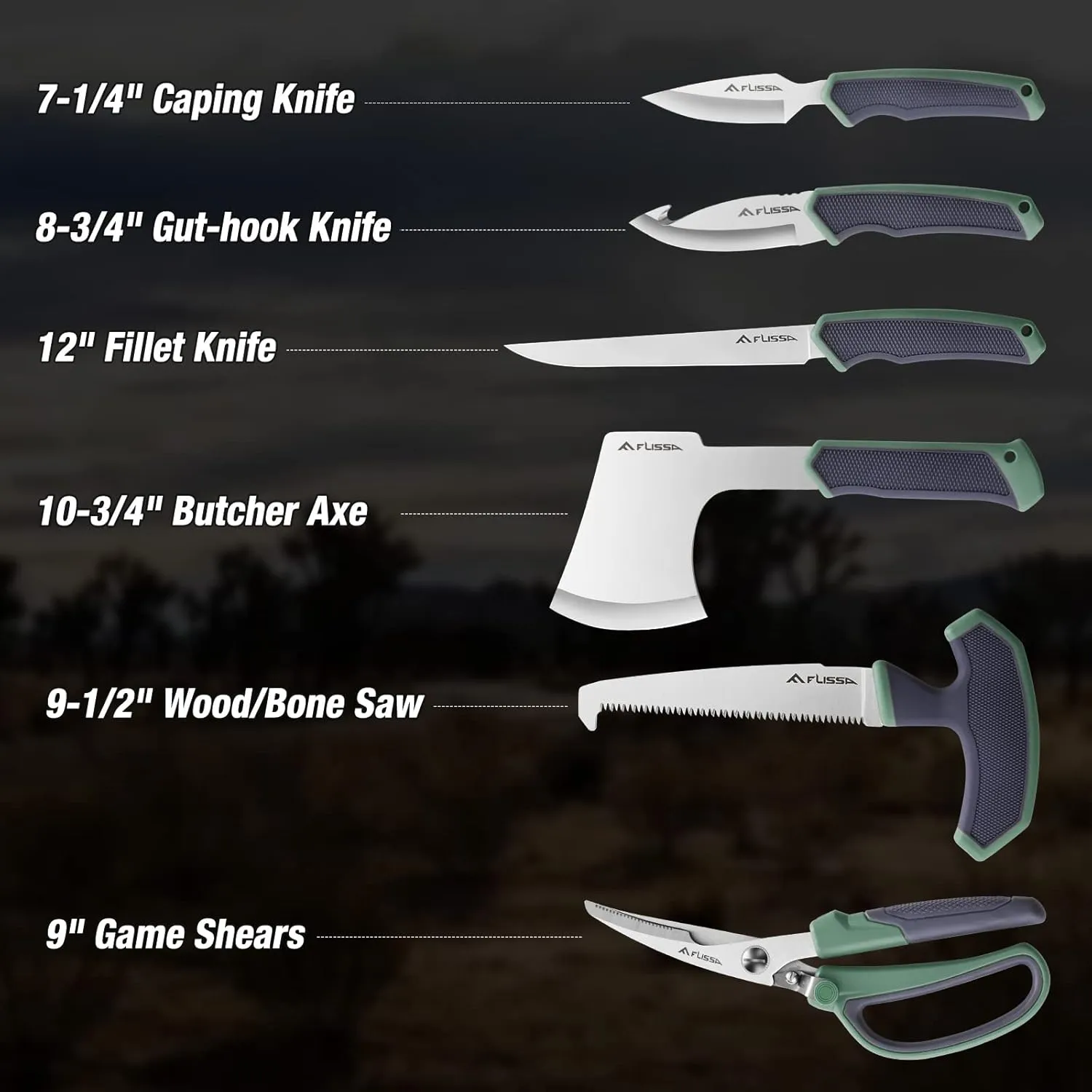 FLISSA Hunting Field Dressing Kit, 10 Piece Hunting Knife Set with Skinning Knife, Butcher Game Processing Kit with Portable Storage Case for Deer, Meat Processing, Fishing, Camping, Survival