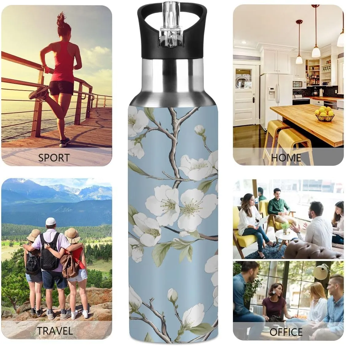 Floral White Pattern Stainless Steel Insulated Water Bottle 20oz, BPA-Free Vacuum Flask with Straw & Leak-Proof Lid for Hiking, Gym, Travel