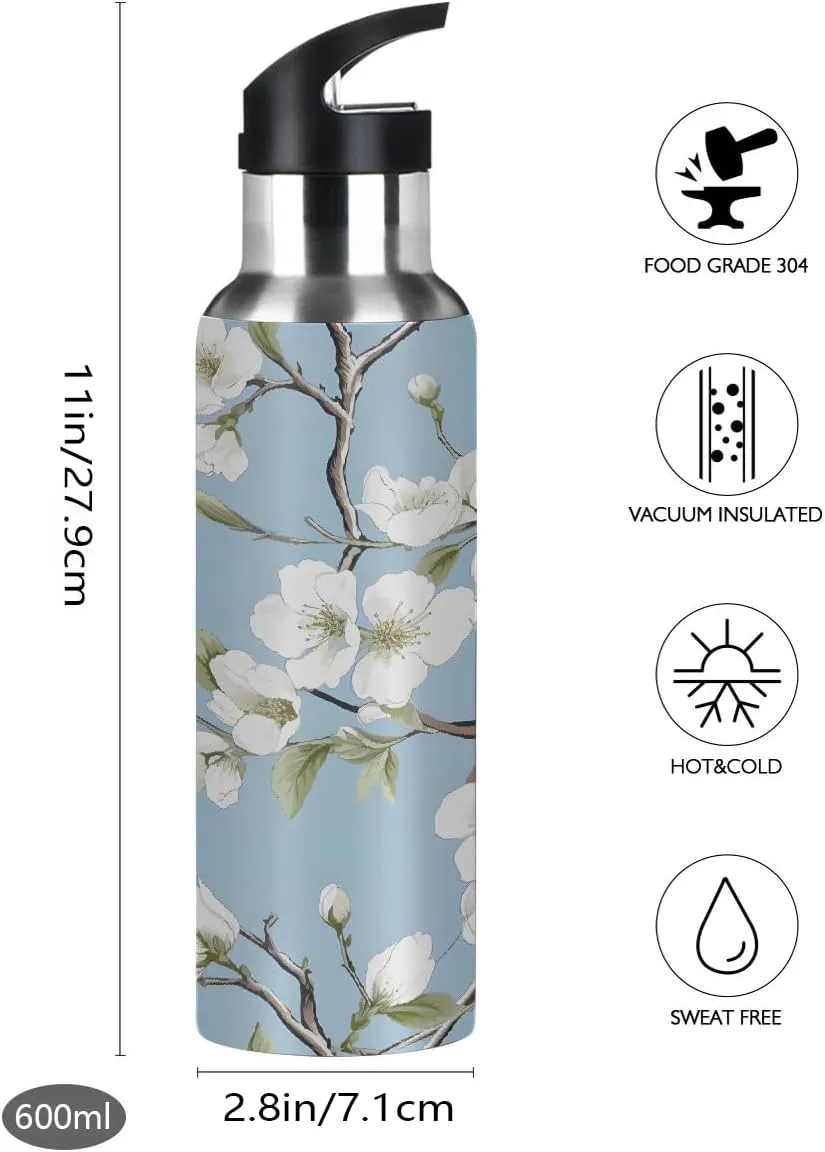 Floral White Pattern Stainless Steel Insulated Water Bottle 20oz, BPA-Free Vacuum Flask with Straw & Leak-Proof Lid for Hiking, Gym, Travel