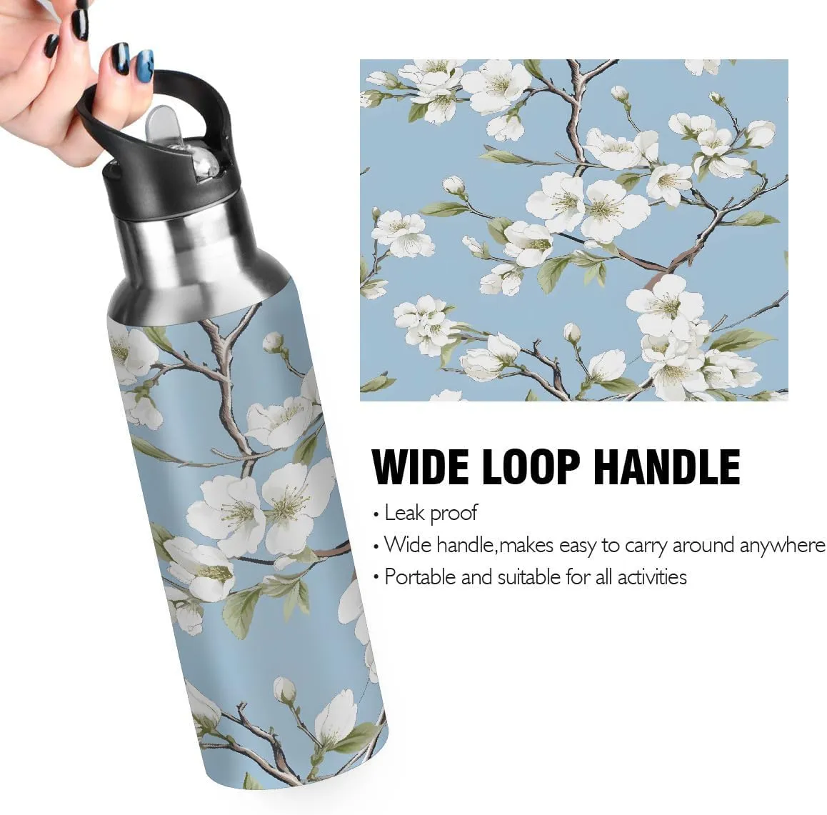 Floral White Pattern Stainless Steel Insulated Water Bottle 20oz, BPA-Free Vacuum Flask with Straw & Leak-Proof Lid for Hiking, Gym, Travel
