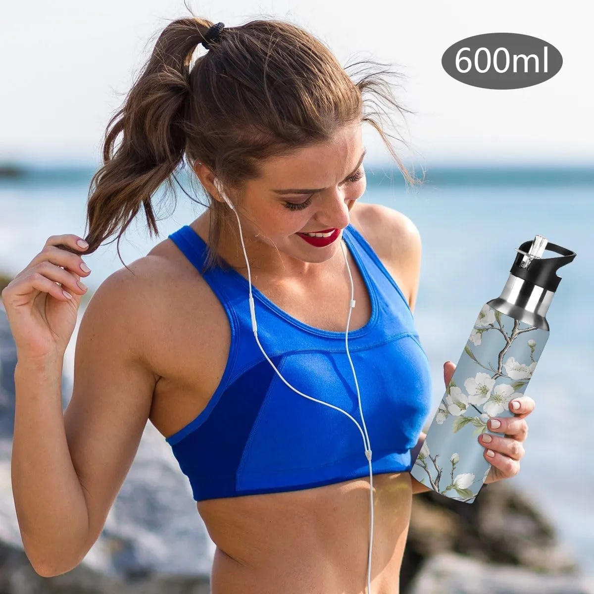 Floral White Pattern Stainless Steel Insulated Water Bottle 20oz, BPA-Free Vacuum Flask with Straw & Leak-Proof Lid for Hiking, Gym, Travel