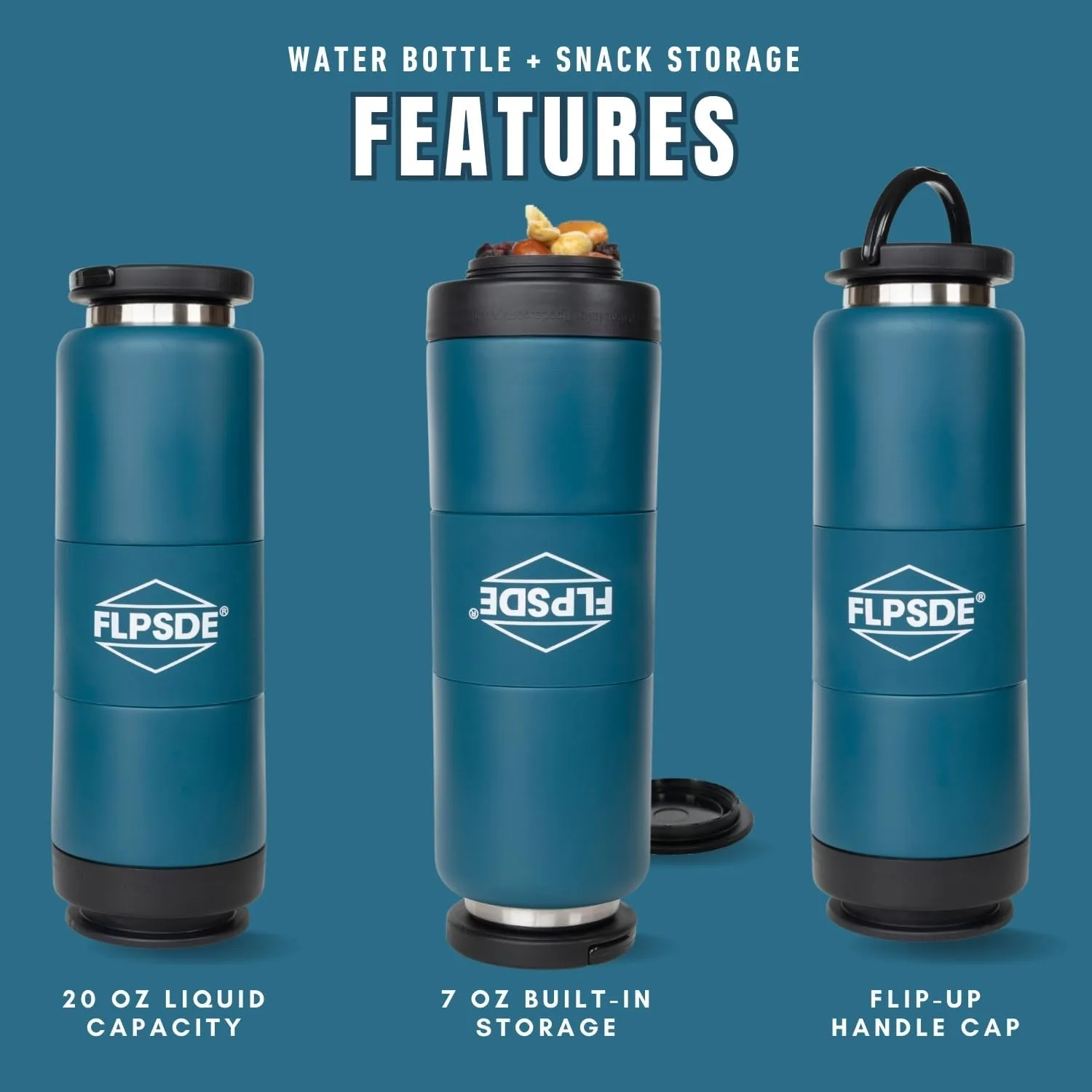 FLPSDE Dual Chamber Water Bottle with Integrated Storage Compartment for Snacks and More - Stainless Steel, Vacuum Insulated - 2 in 1 Container for Travel, School, Hiking, Sports, Work, Office, Gift
